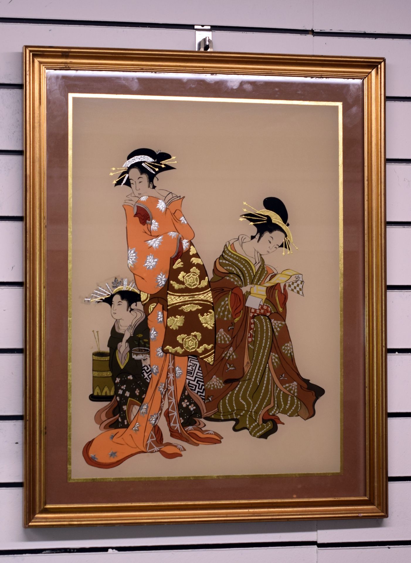 Vintage Japanese Reverse Painting On Glass Of Geishas