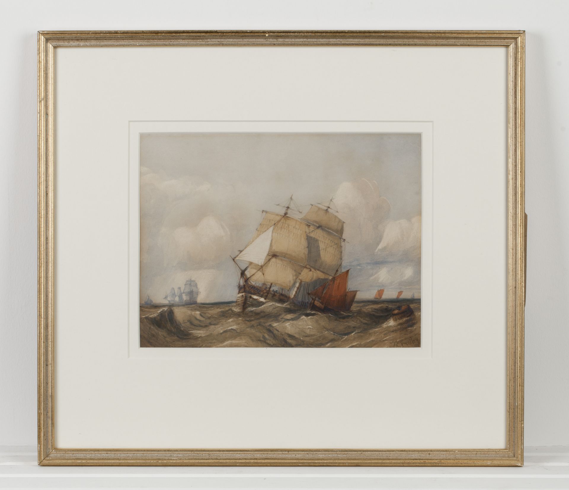 Original Charles Bentley 'ships In Rough Seas' Watercolour Early 19Th C.