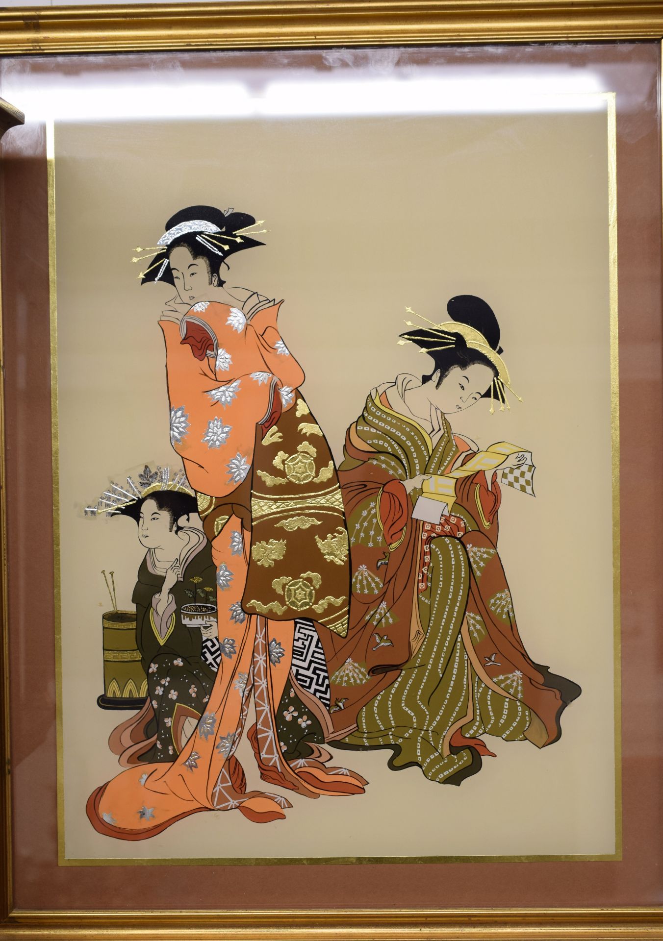 Vintage Japanese Reverse Painting On Glass Of Geishas - Image 3 of 3