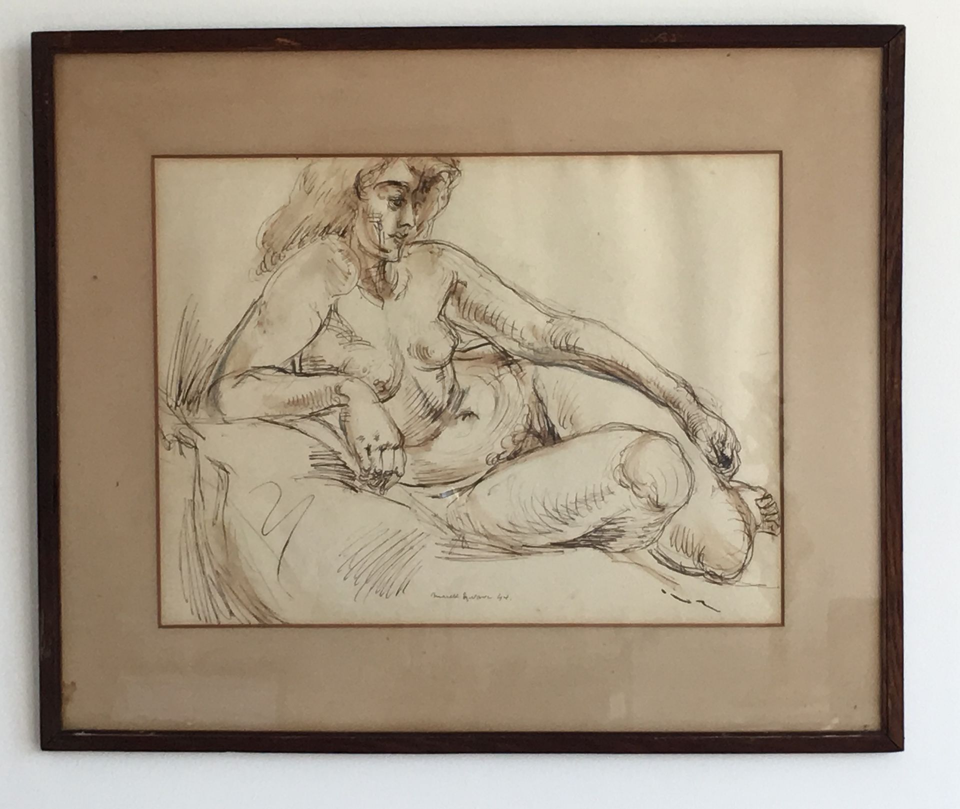 Reclining female nude, ink. signed Marek Szwarc,