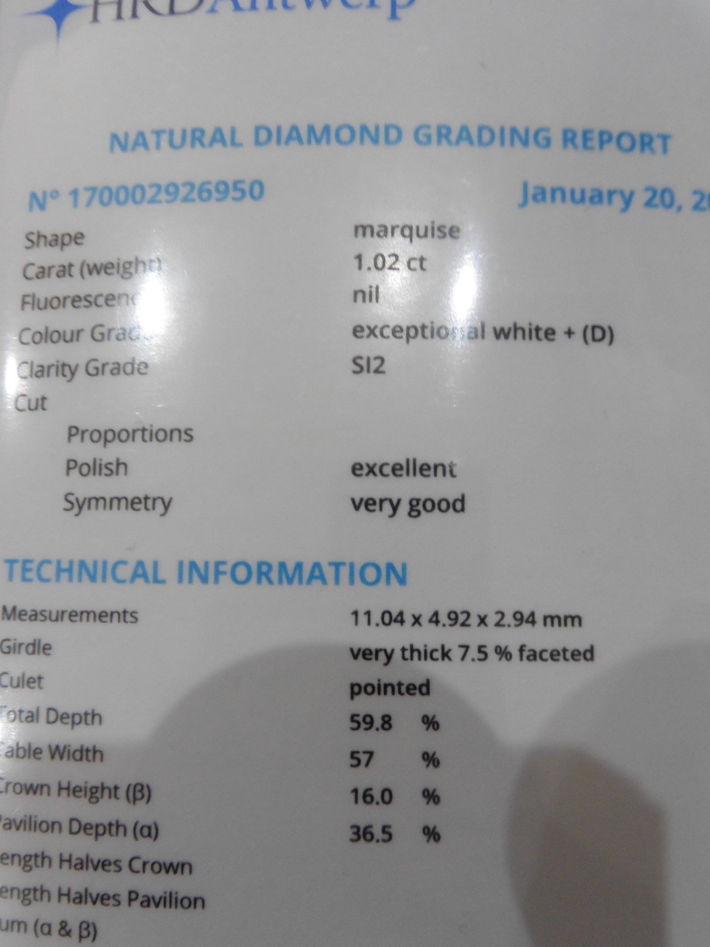 1.02ct loose marquise diamond. D colour and Si2 clarity. Measures 11.04 x 4.92 x 2.94mm . HRD - Image 8 of 8