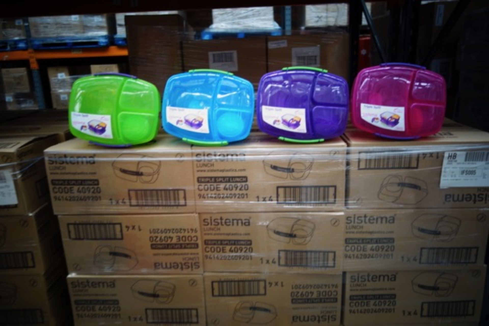 PALLET CONTAINING 336 x BRAND NEW Sistema Triple Split 2L Lunch Boxes & Fruit Pot. Assorted in 4