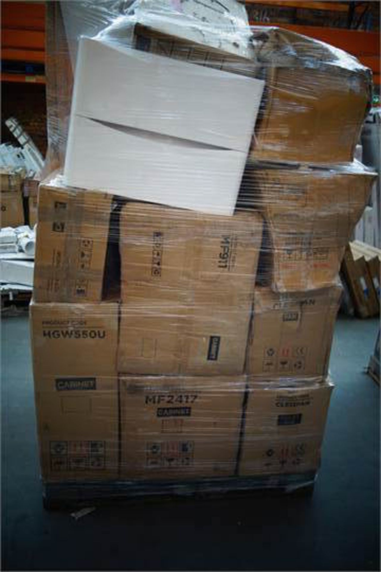 (B5) PALLET TO CONTAIN 18 x ITEMS OF VARIOUS BATHROOM STOCK TO INCUDE: BASIN CABINET, TOILET PAN,