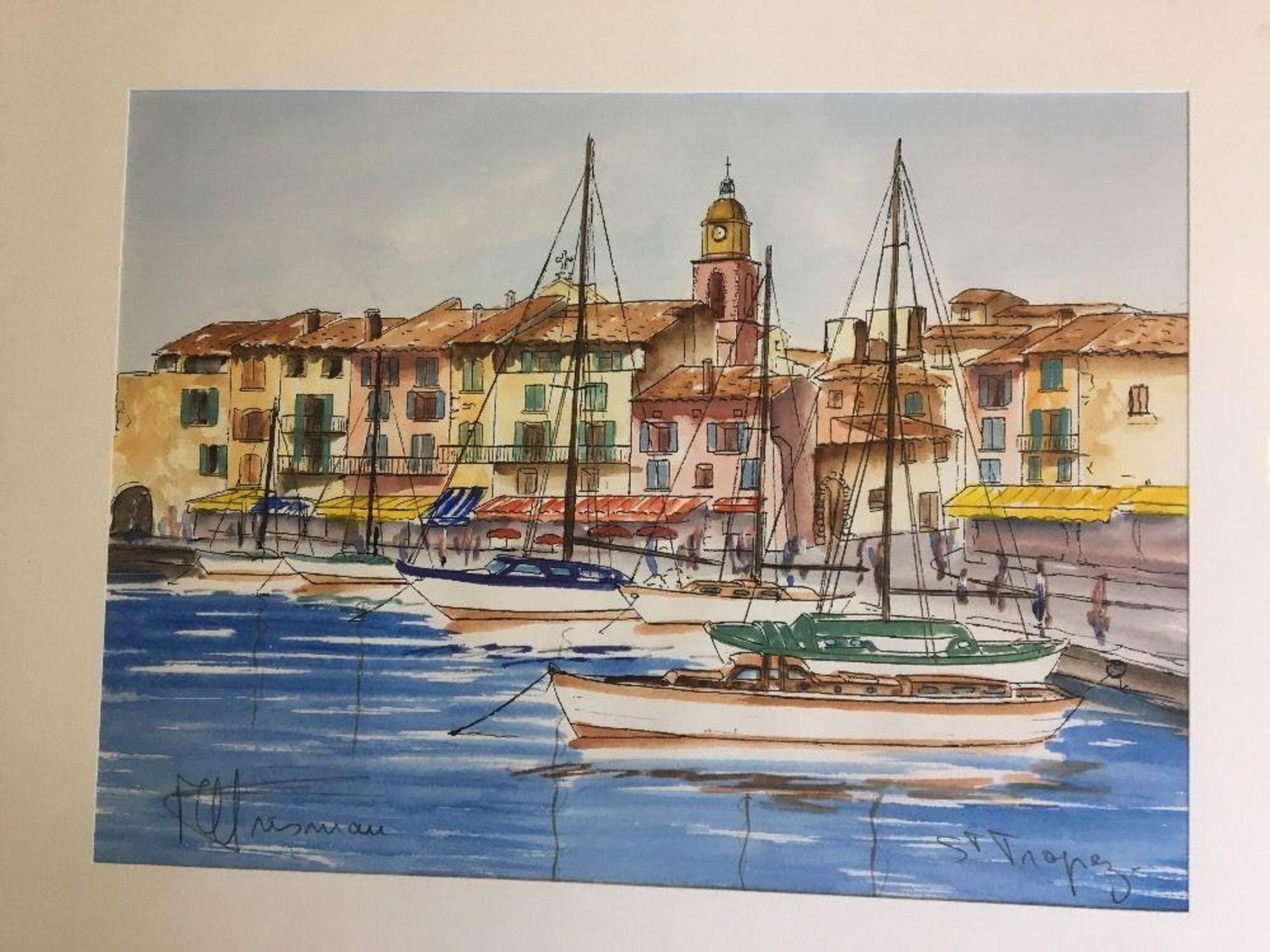Painting Signed by French Artist Chrismau "ST. TROPEZ" with Authenticity Certificate. Ink &