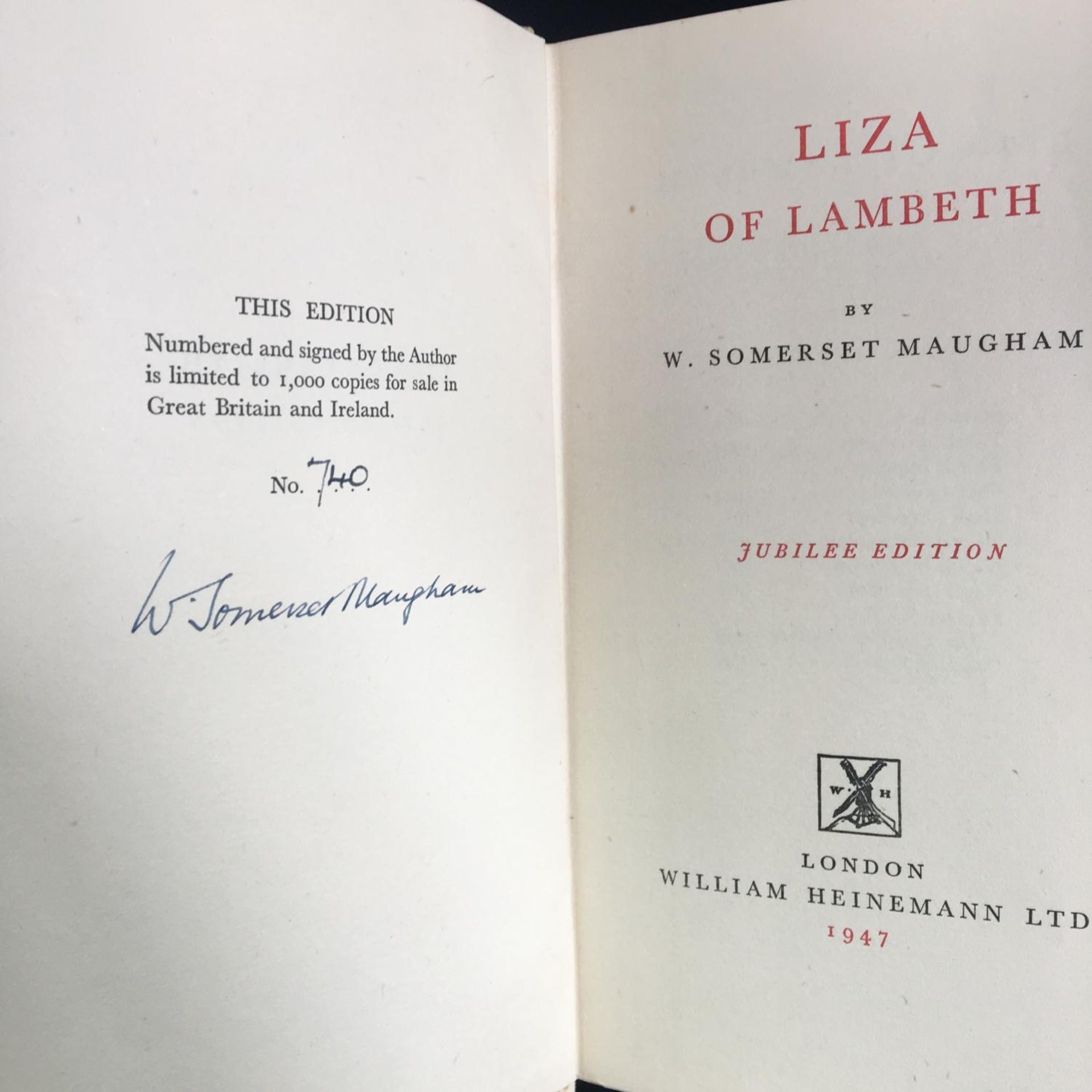 W Somerset Maugham, Signed Hardback Limited Edition Book - 1947 Jubilee Edition - Liza of Lambeth.