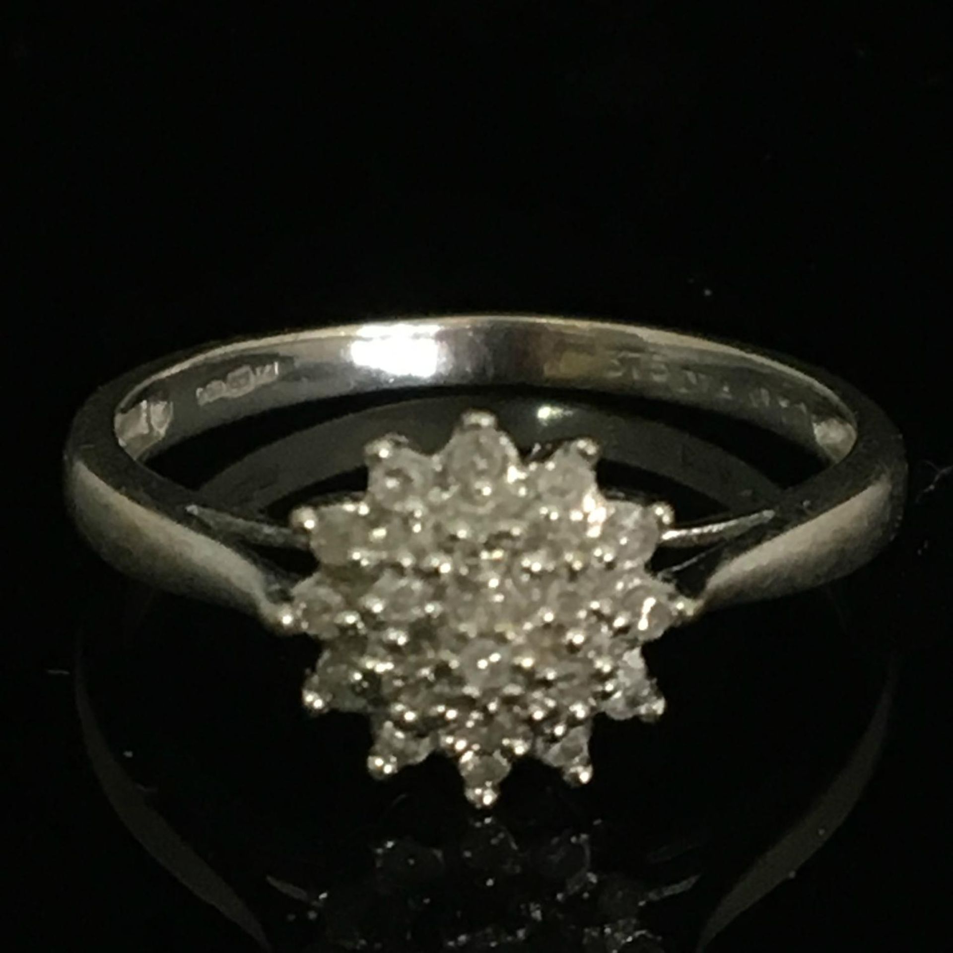 9ct white gold and diamond cluster ring. Size L 1/2. Weight 1.5g.The hammer price includes free