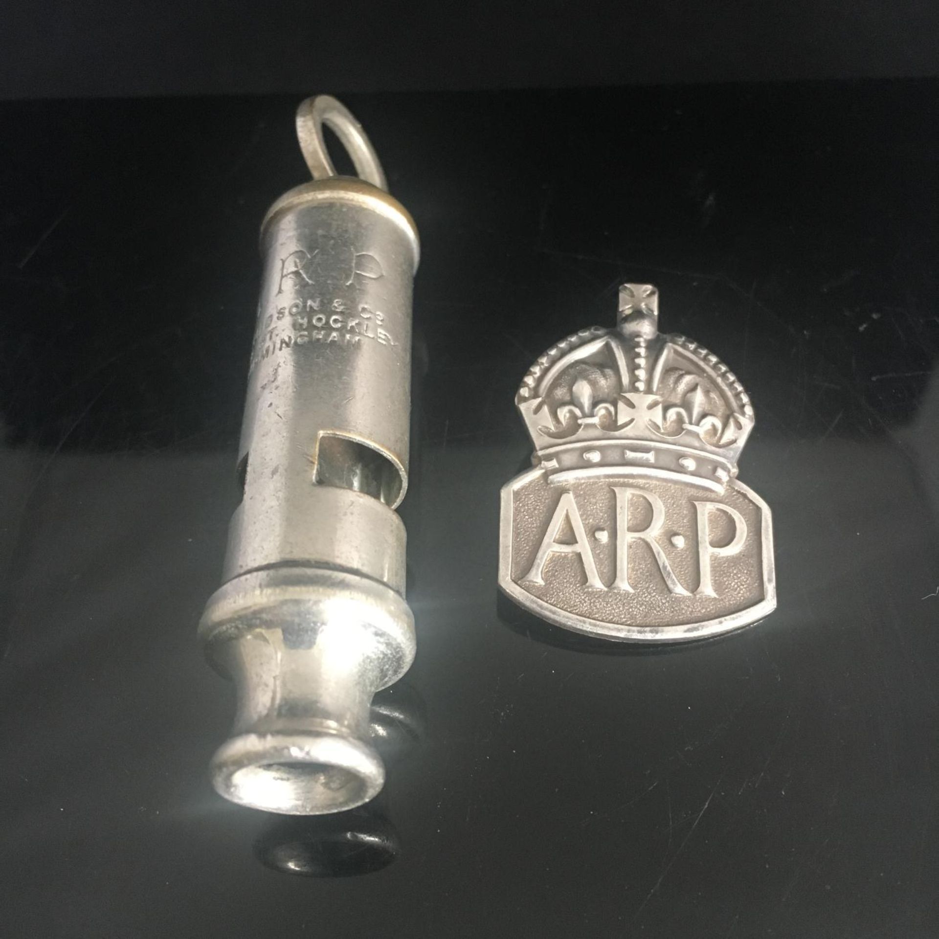 WORLD WAR II HALLMARKED STERLING SILVER AIR RAID PRECAUTIONS (ARP) BADGE TOGETHER WITH ARP