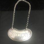 STERLING SILVER HALLMARKED SHERRY DECANTER NECK LABEL. Made by Atkin Brothers (Harry Atkin) and