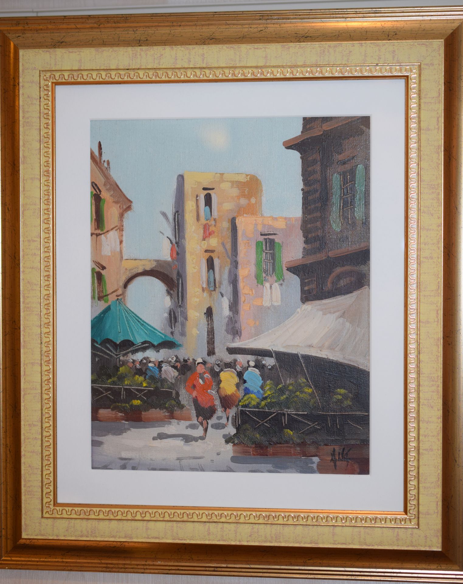 Oil painting on canvas of market in village by Antonio DeVity (1901_1993) **Reserve Lowered**