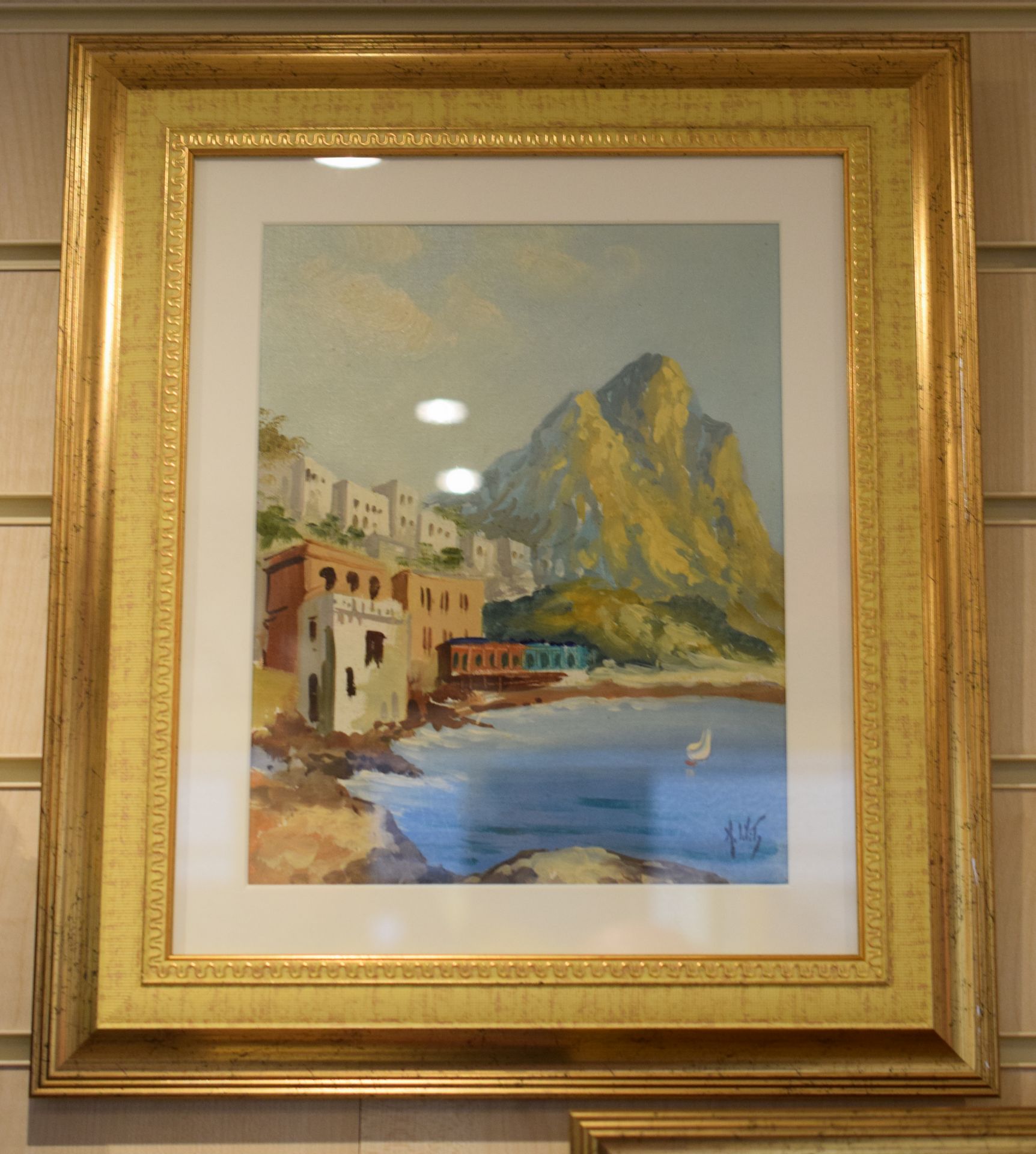 Oil painting on canvas of sea side village with mountains in background by Antonio DeVity(1901–1993)