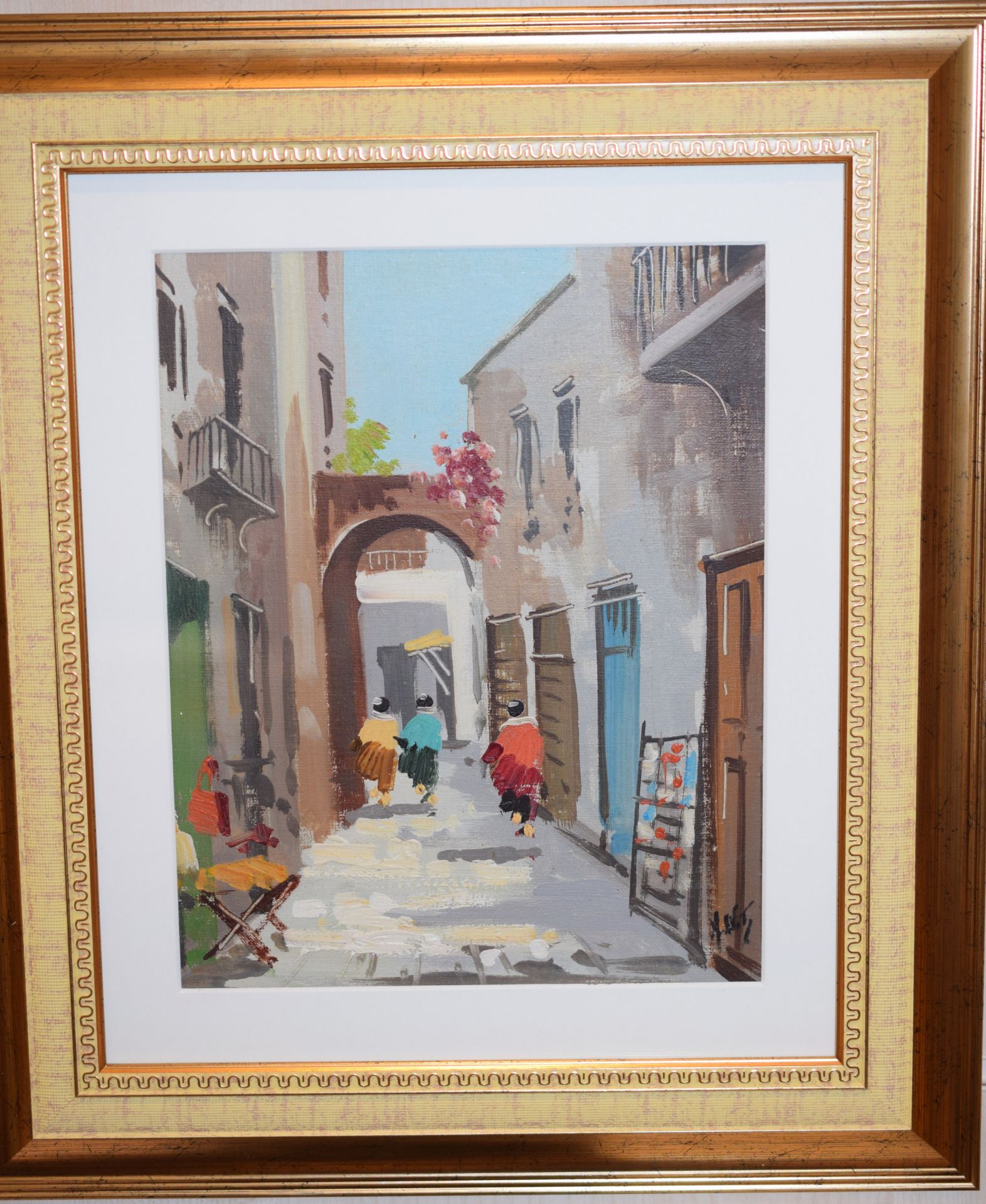 Oil painting on canvas of village street with arch by Antonio DeVity (1901_1993)**Reserve lowered**