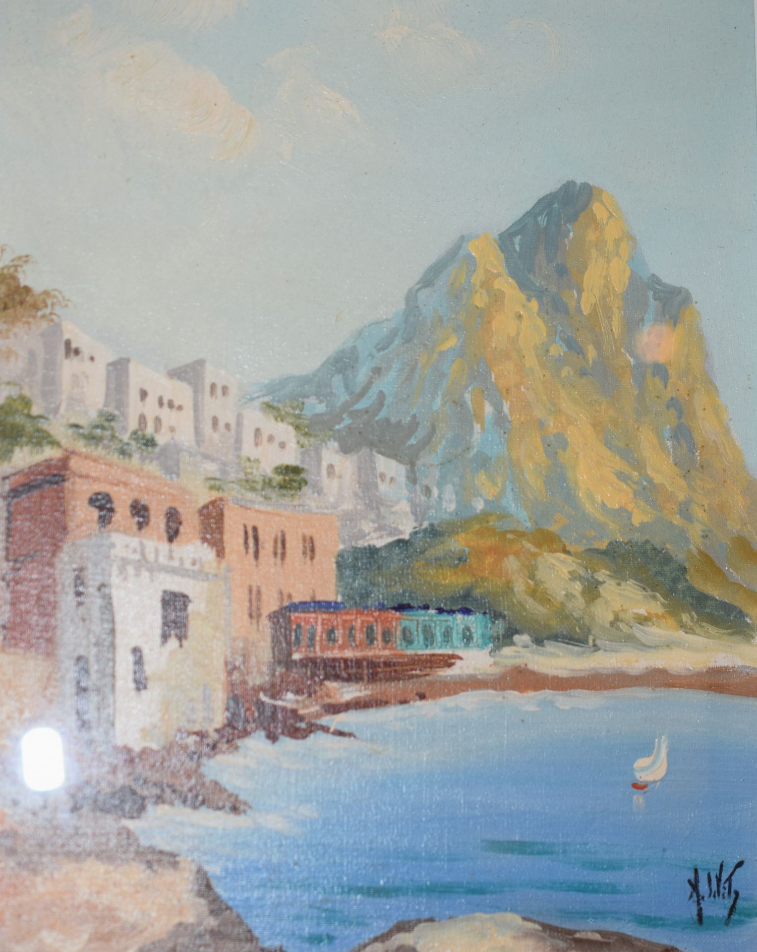 Oil painting on canvas of sea side village with mountains in background by Antonio DeVity(1901–1993) - Image 3 of 4