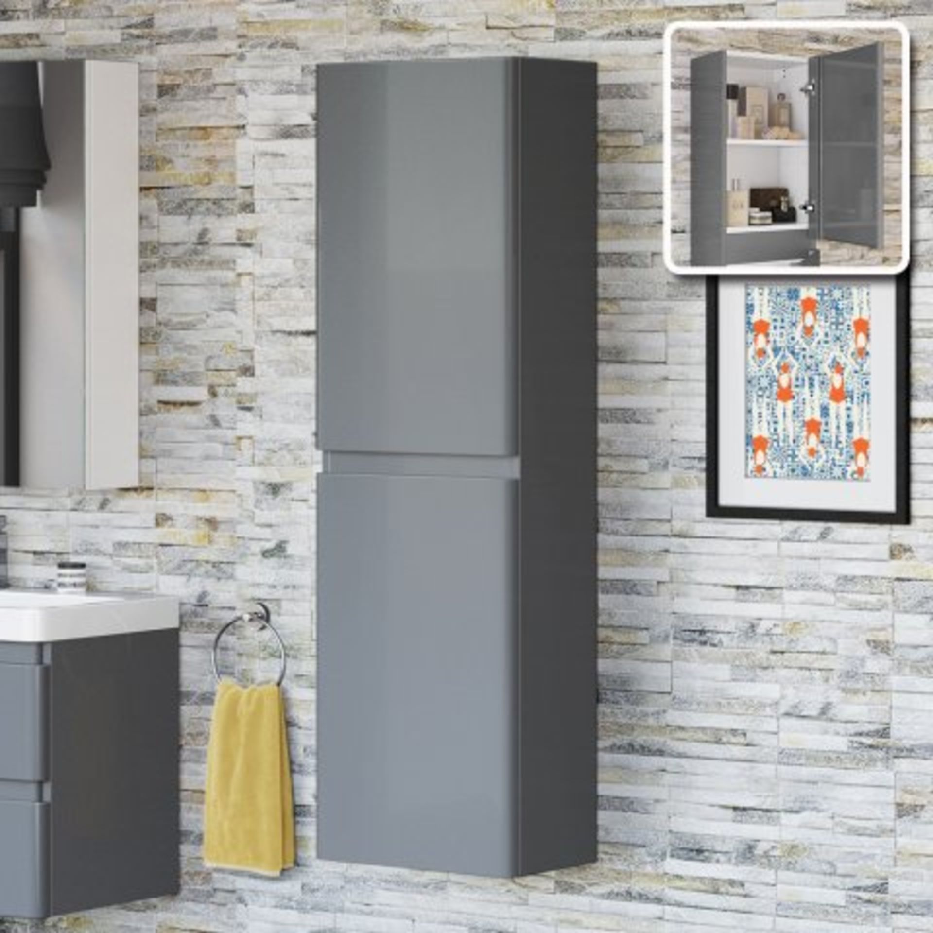 (H47) 1400mm Denver II Gloss Grey Tall Wall Hung Storage Cabinet - Wall Hung. RRP £299.99. With