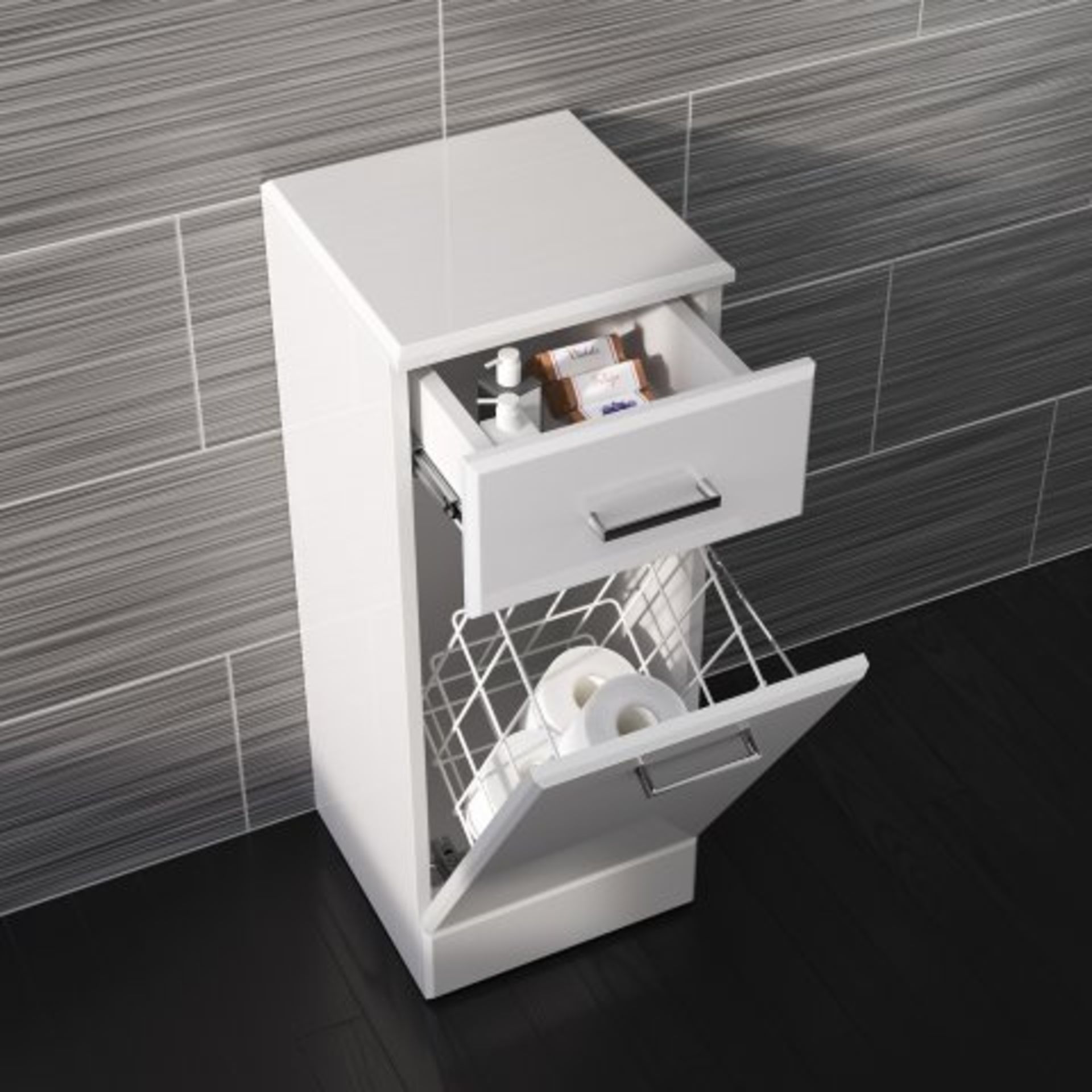 (H43) 300x300mm Quartz Gloss White Laundry Basket Unit. RRP £161.99. This contemporary white