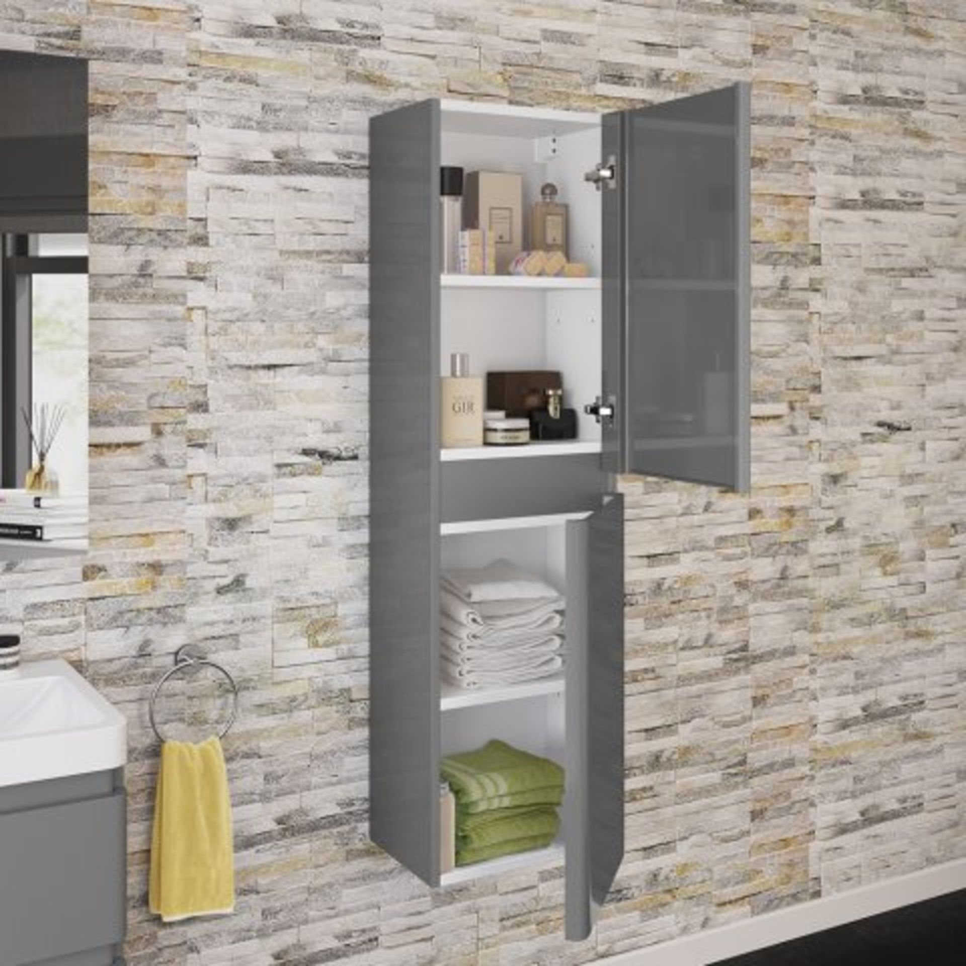 (H47) 1400mm Denver II Gloss Grey Tall Wall Hung Storage Cabinet - Wall Hung. RRP £299.99. With - Image 2 of 3