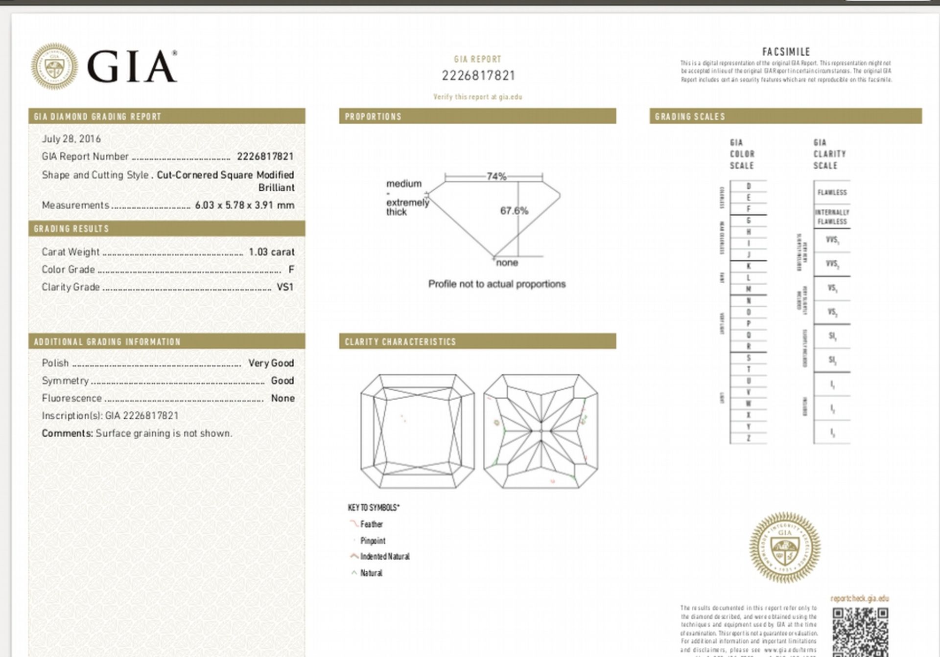 1.03ct radiant cut diamond. F colour, VS1 clarity. GIA certification - 226817812 . 6.03 x 5.78 x 3. - Image 4 of 4
