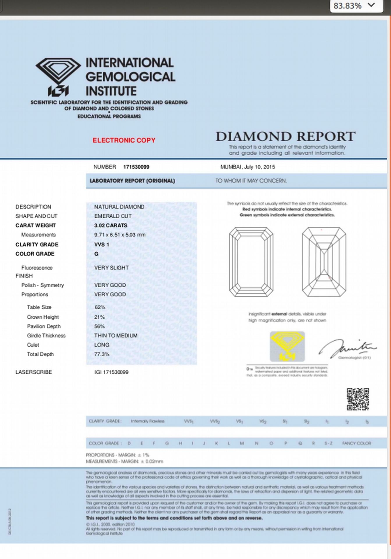 3.02ct emerald cut diamond. G colour, vvs1 clarity. 9.71 x 6.51 x 5.03mm. IGI certificate Ð - Image 4 of 4