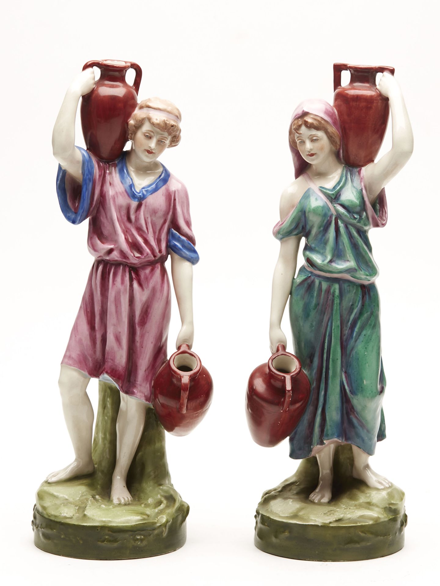 PAIR ANTIQUE ROYAL DUX PAINTED WATER CARRIER FIGURES c.1900