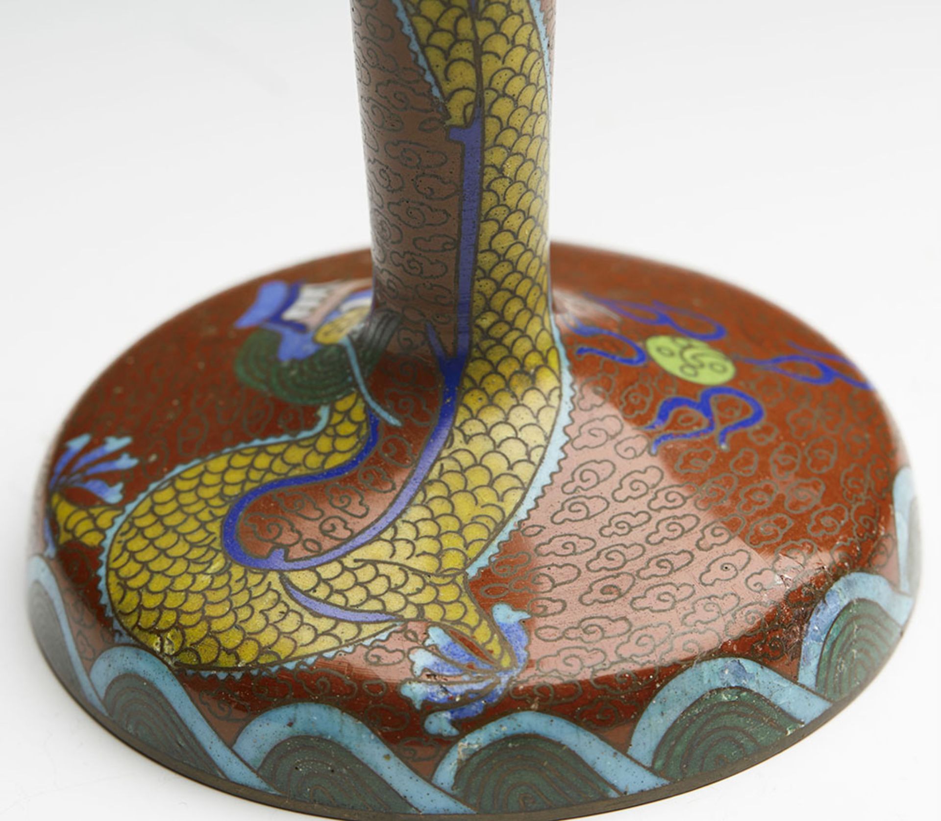 ANTIQUE CHINESE CLOISONNE ALTAR CANDLESTICK WITH DRAGON C.1900 - Image 12 of 12