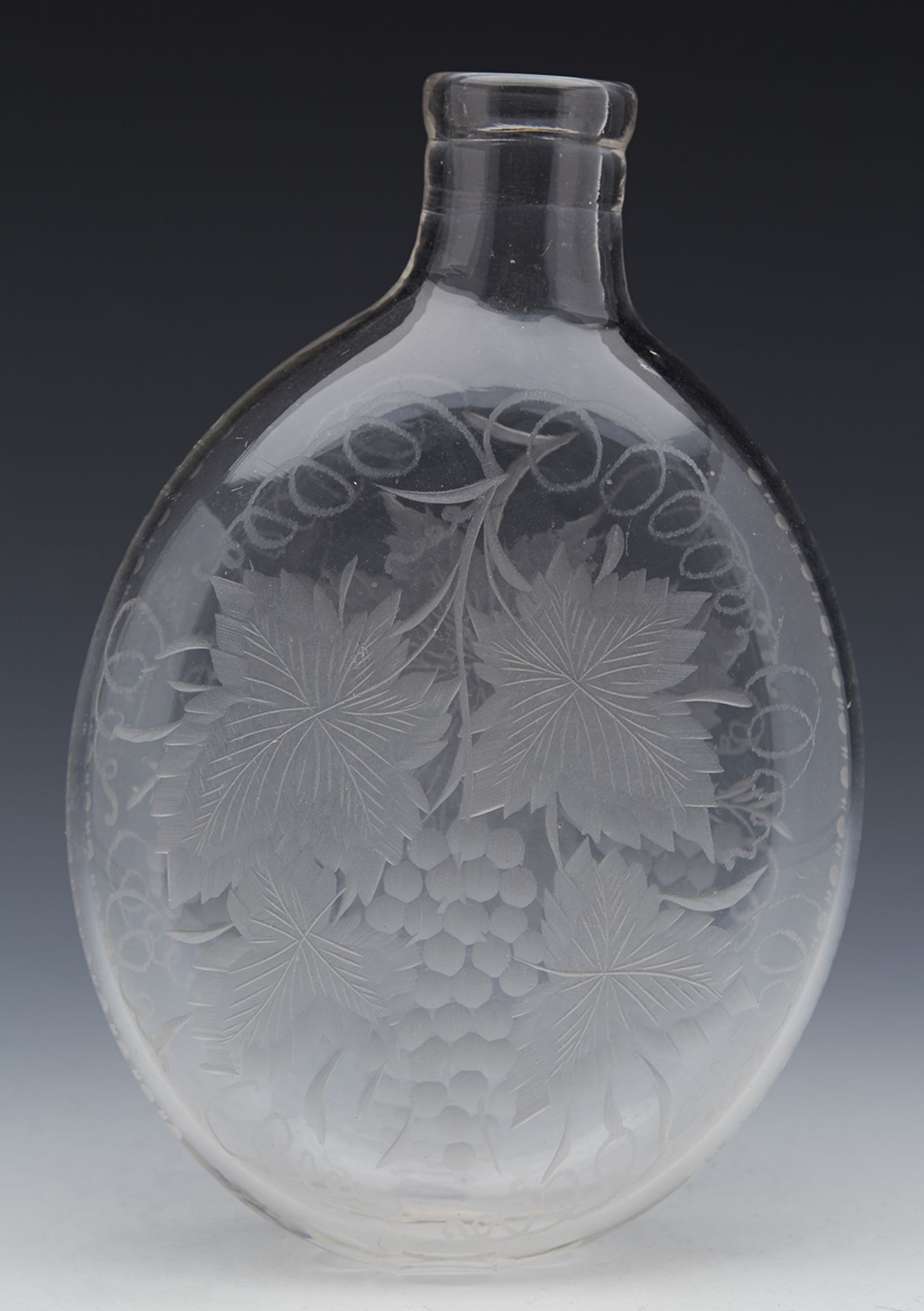 ANTIQUE GLASS FLASK ENGRAVED WITH FRUITING VINES 19TH C.