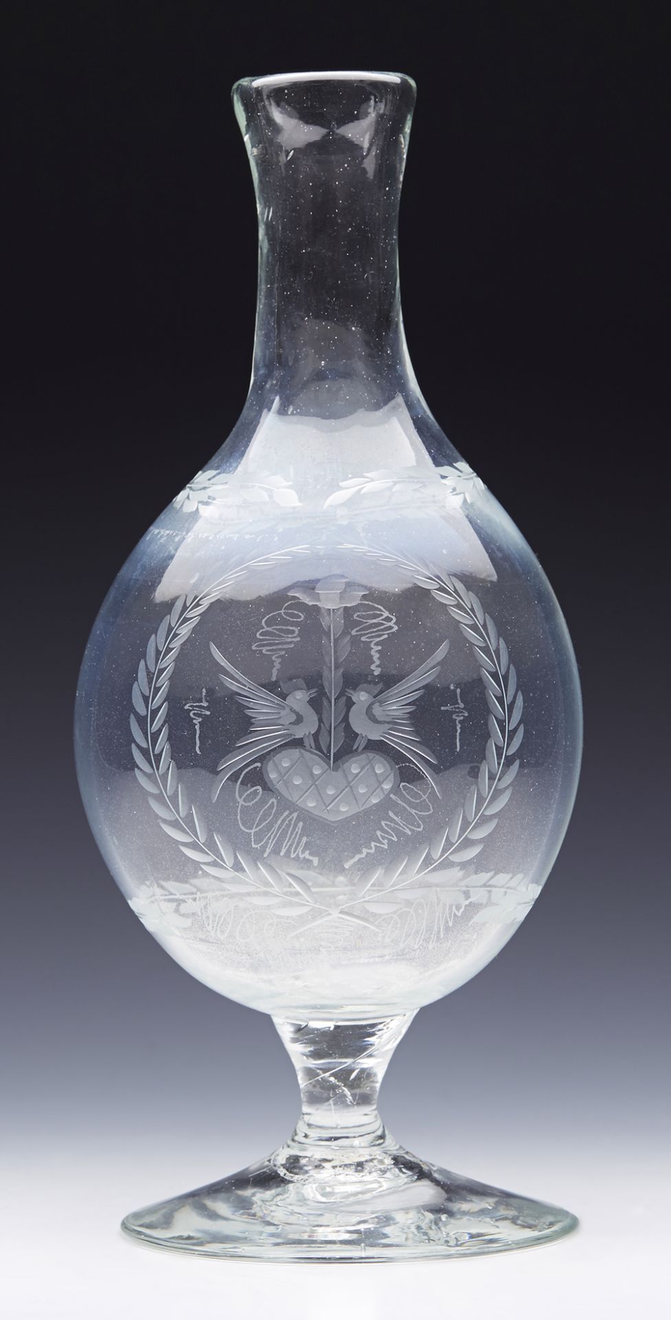 ANTIQUE GLASS MARRIAGE CARAFE ENGRAVED WITH LOVE BIRDS 19TH C.