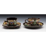 TWO ANTIQUE SWISS THOUNE MAJOLICA CUPS & SAUCERS c.1900