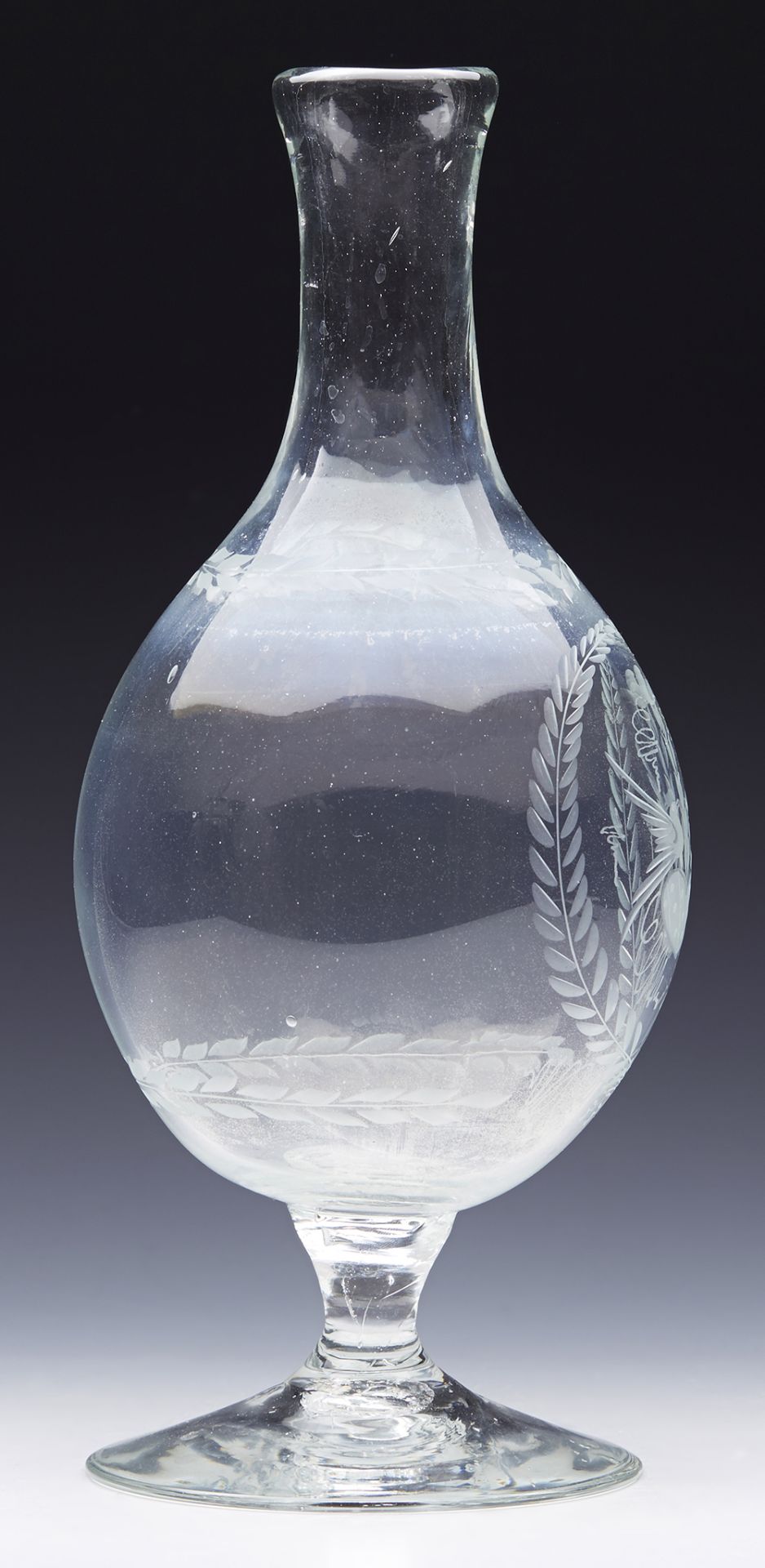 ANTIQUE GLASS MARRIAGE CARAFE ENGRAVED WITH LOVE BIRDS 19TH C. - Image 7 of 14