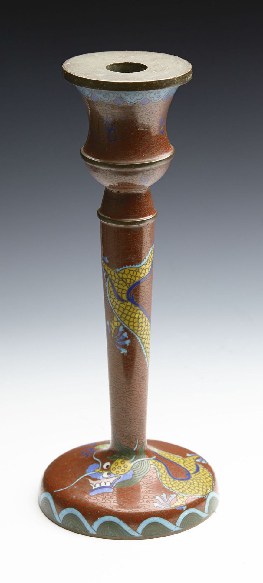 ANTIQUE CHINESE CLOISONNE ALTAR CANDLESTICK WITH DRAGON C.1900 - Image 3 of 12