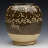 ANTIQUE SCOTTISH 'A GUID NEY YEAR' STUDIO POTTERY POT WITH THREE HEADS, 1907