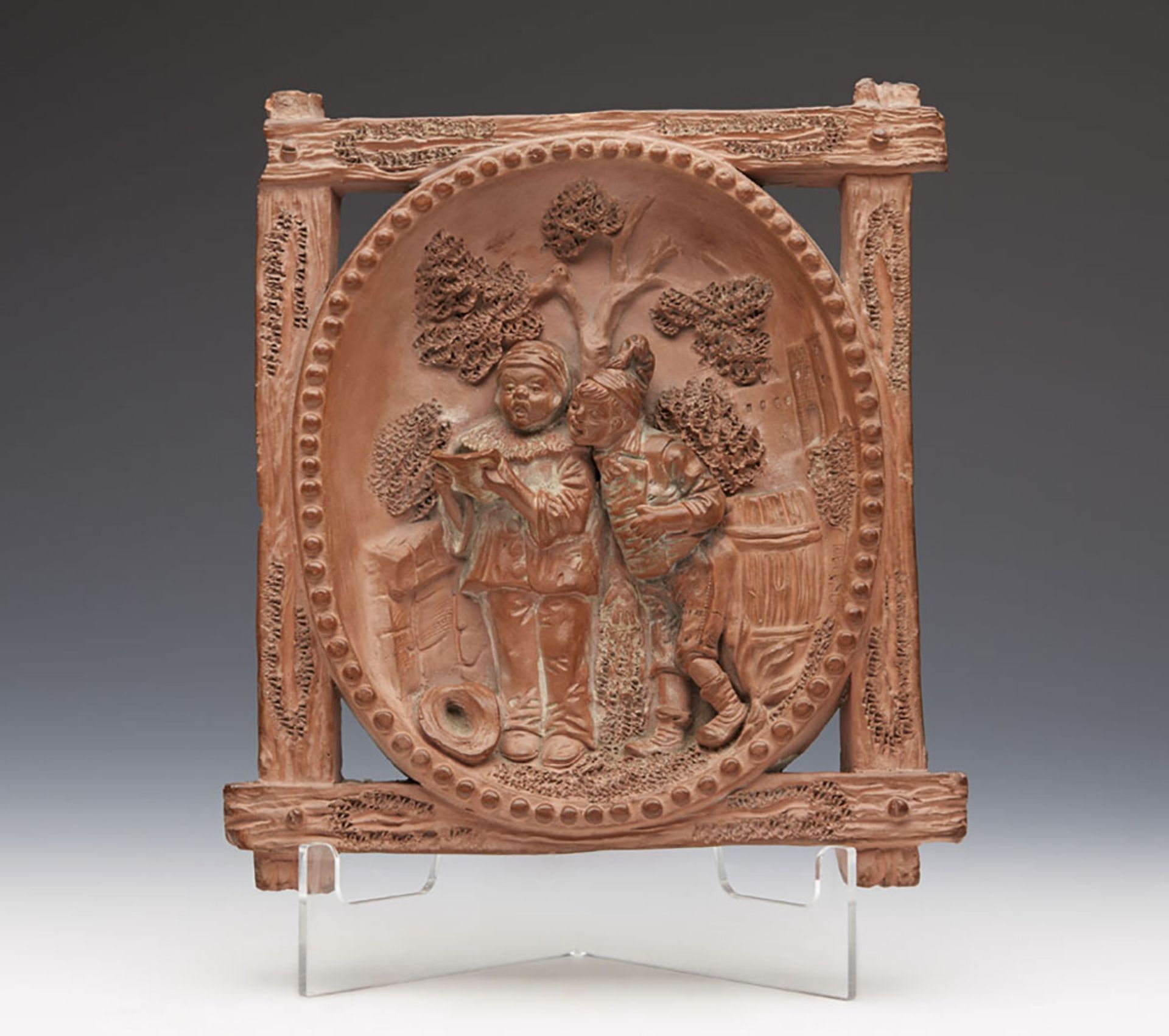 ANTIQUE AUSTRO-GERMAN TERRACOTTA PLAQUE WITH BOYS SINGING 19TH C.