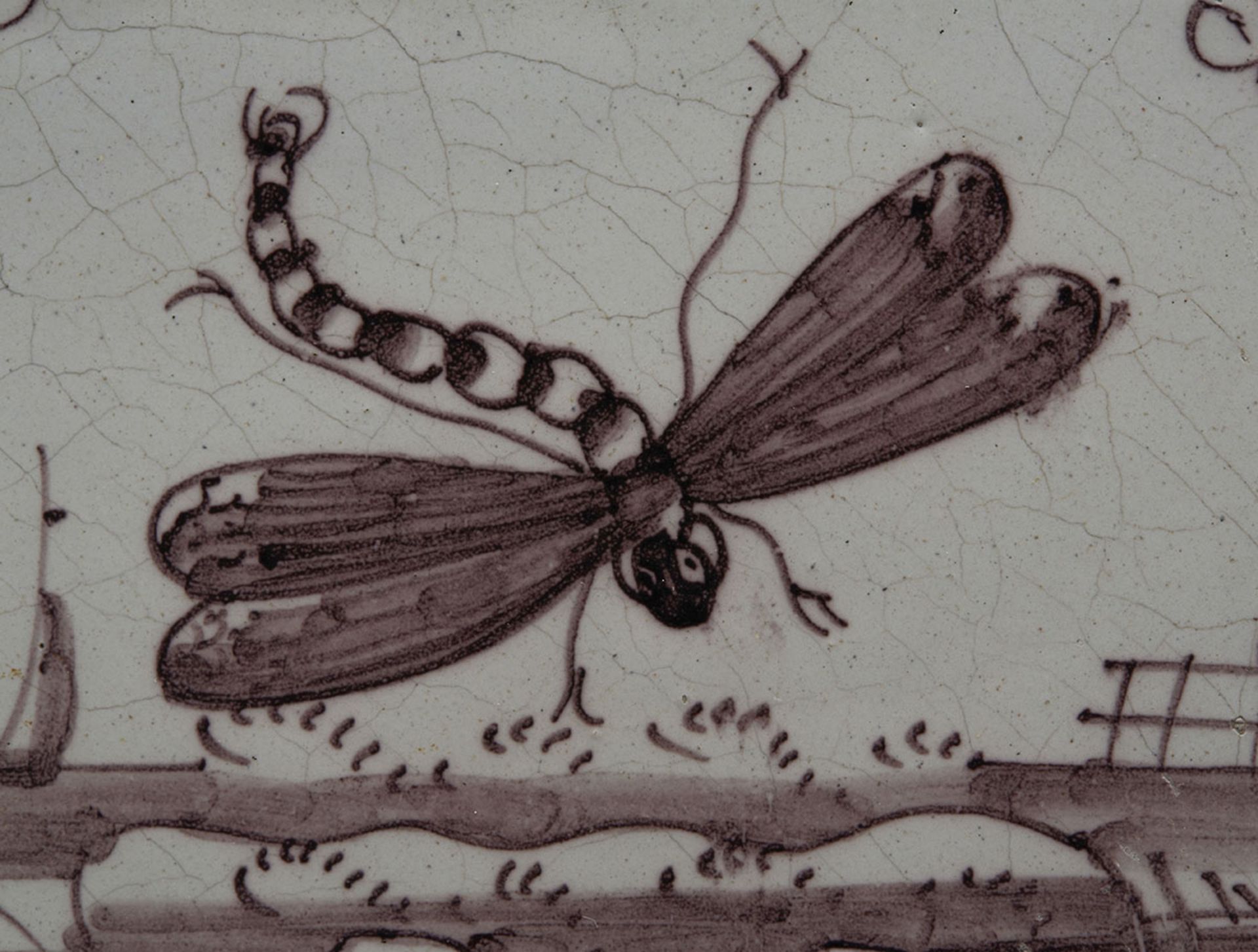 ANTIQUE DELFT FAIENCE TILE WITH DRAGONFLY IN PUCE 18/19TH C - Image 2 of 6