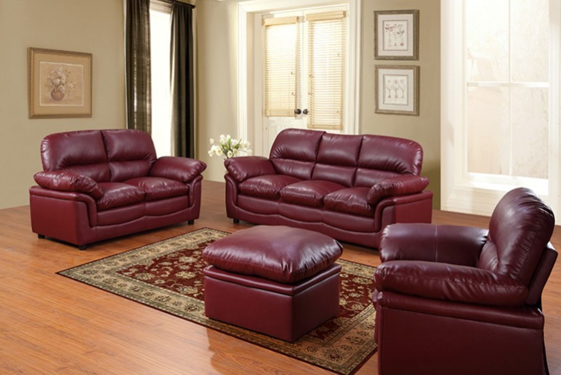 Brand new boxed direct from the manufacturers Veronica 2 seater sofa in rich burgandy leather plus 2