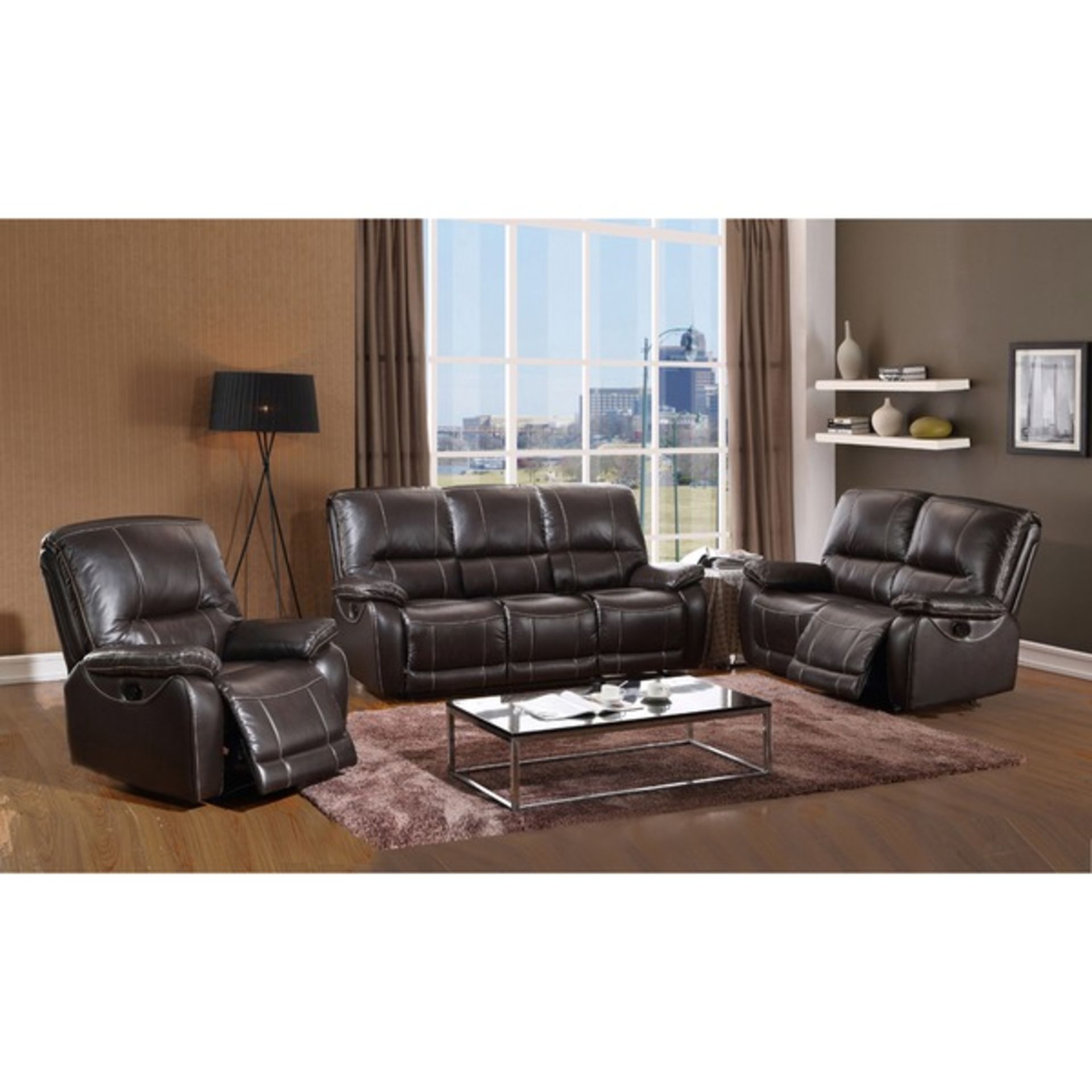 Brand new direct from the manufacturers Warrier 3 seater plus 2 arm chairs leather air fabric