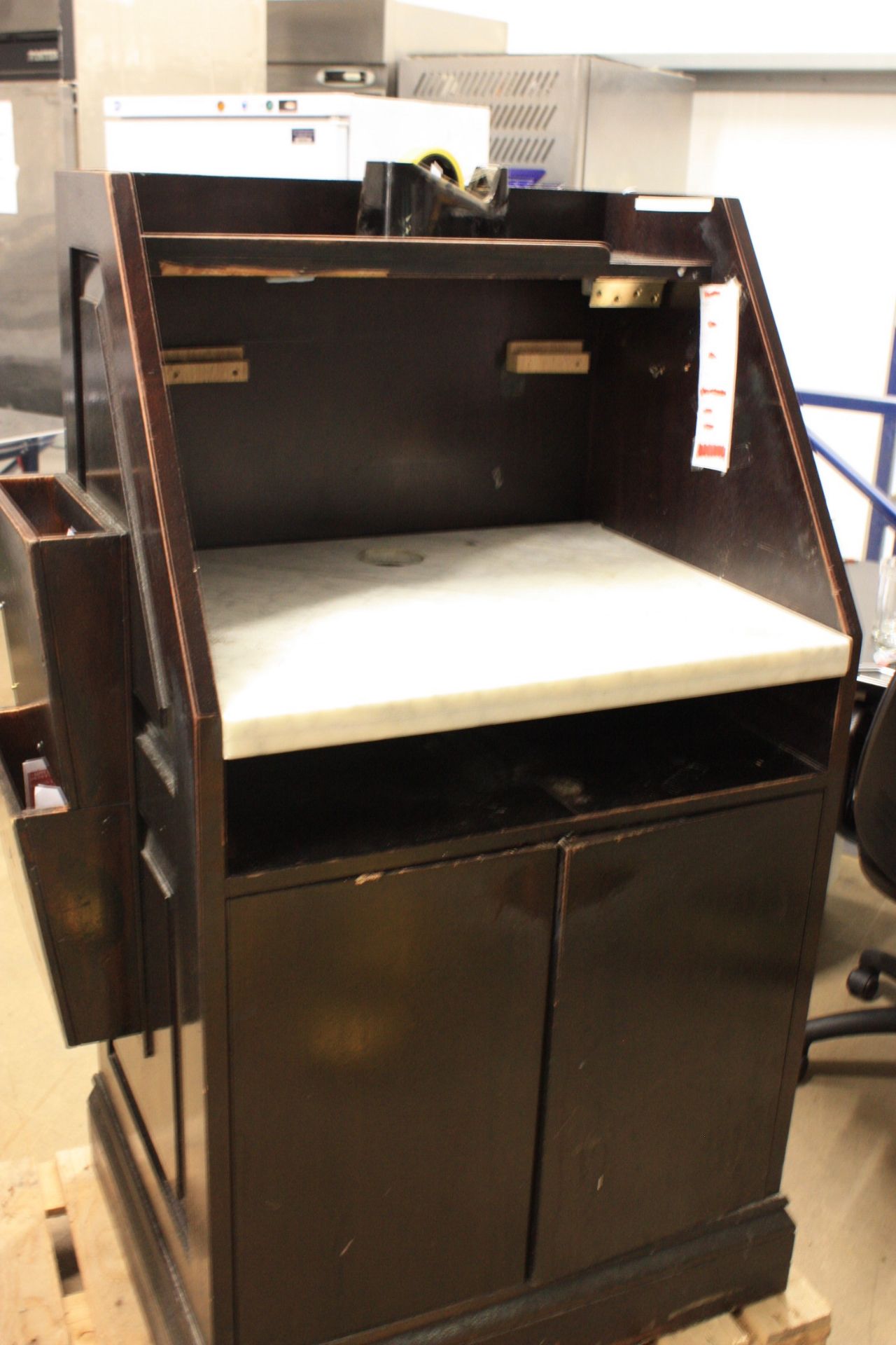 High Top Mahogany Wooden Dumb Waiter Solid Marble Top. 2 door cupboard drawers + shelves.