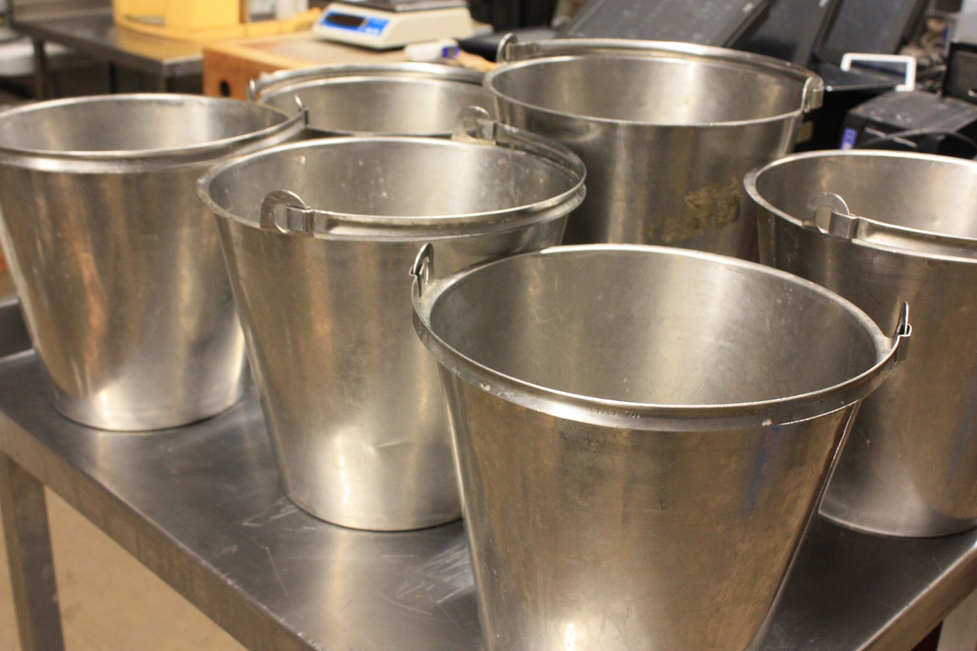 6 x Stainless steel buckets. Sizes 10L and 12L