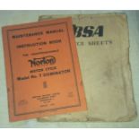 2 Vintage Motor Cycle Reference Books. Norton c1953 BSA Service Sheets