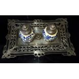 Vintage White Metal Ink Stand With Ceramic Ink Pots Possibly French