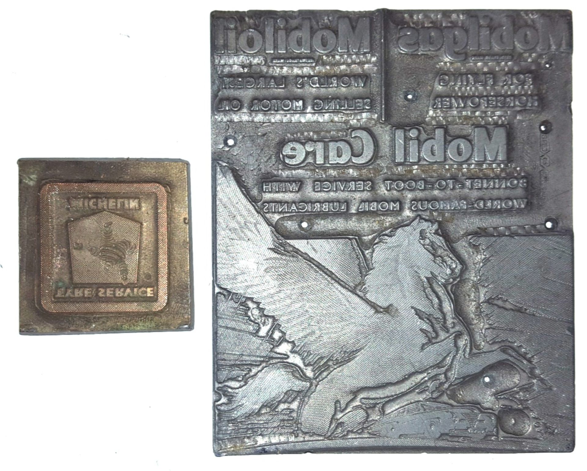 2 x Vintage Retro Metal Automobilia Car Related Printing Blocks c1970's Michelin & Mobil