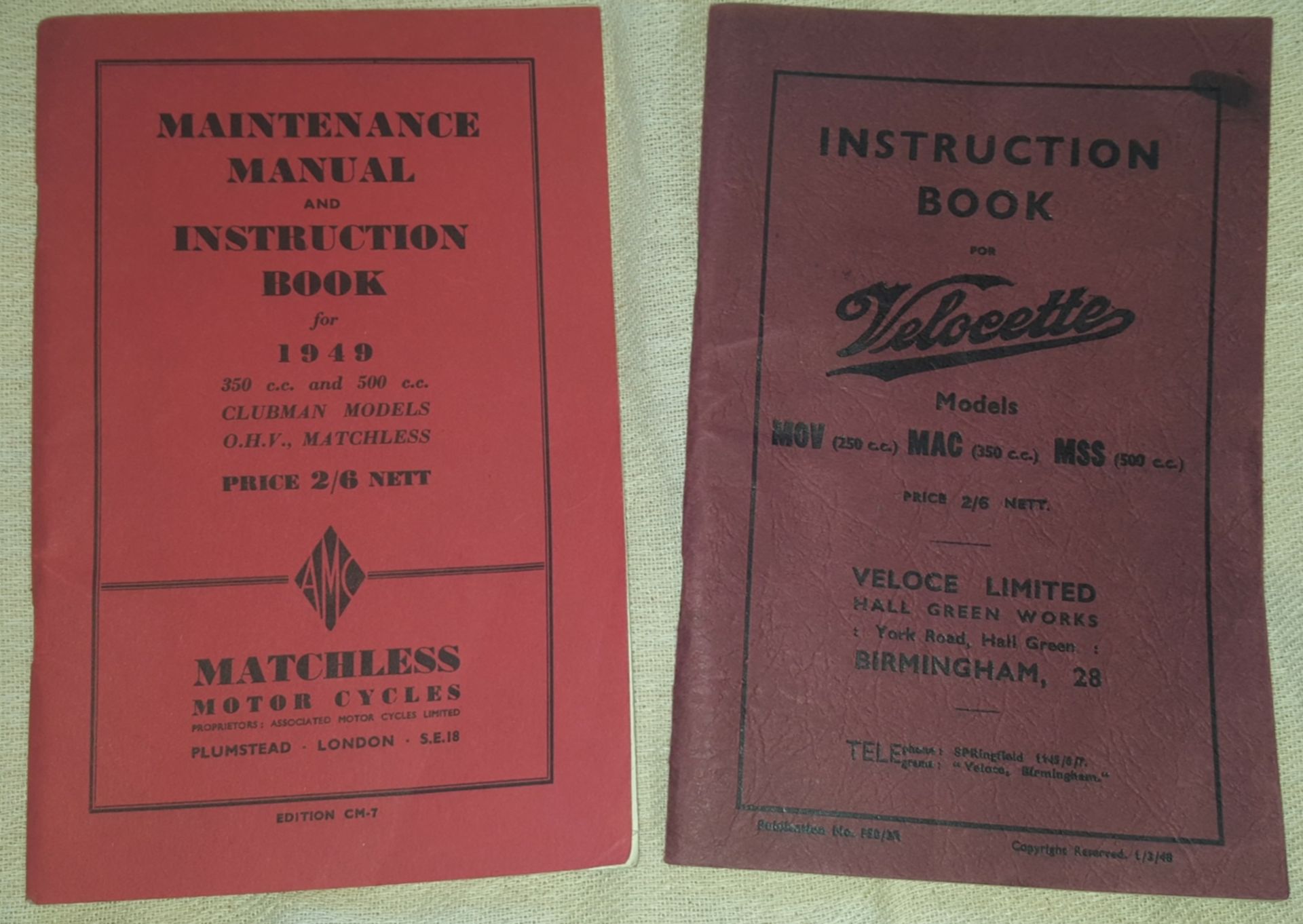 2 Vintage Motor Cycle Reference Books. Velocette c1948 Matchless c1949