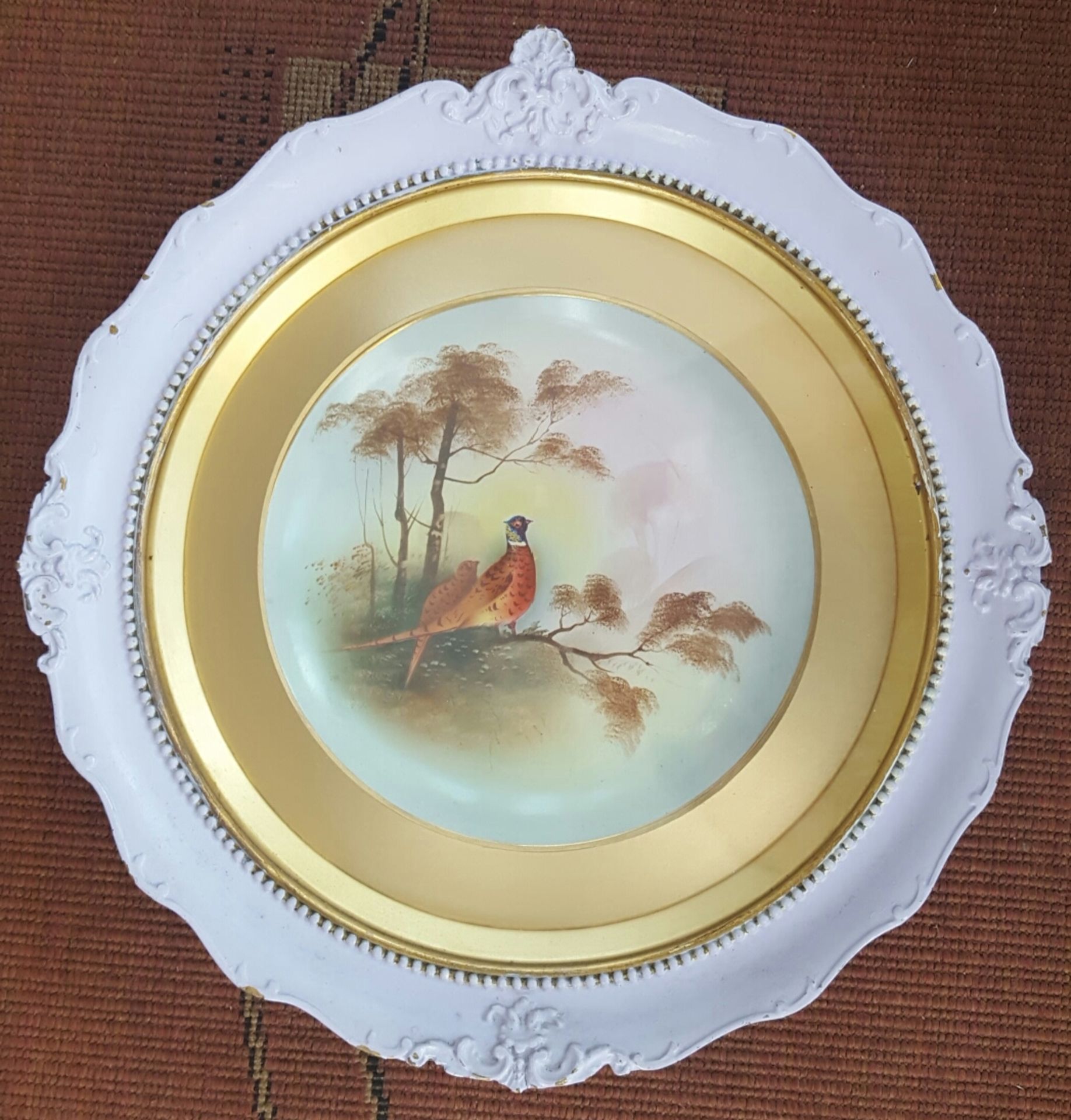 Victorian Edwardian Hand Painted Framed Plate 'Pheasants'