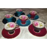 Vintage Retro Set of 6 Multi Coloured Aynsley Tea Cups & Saucers