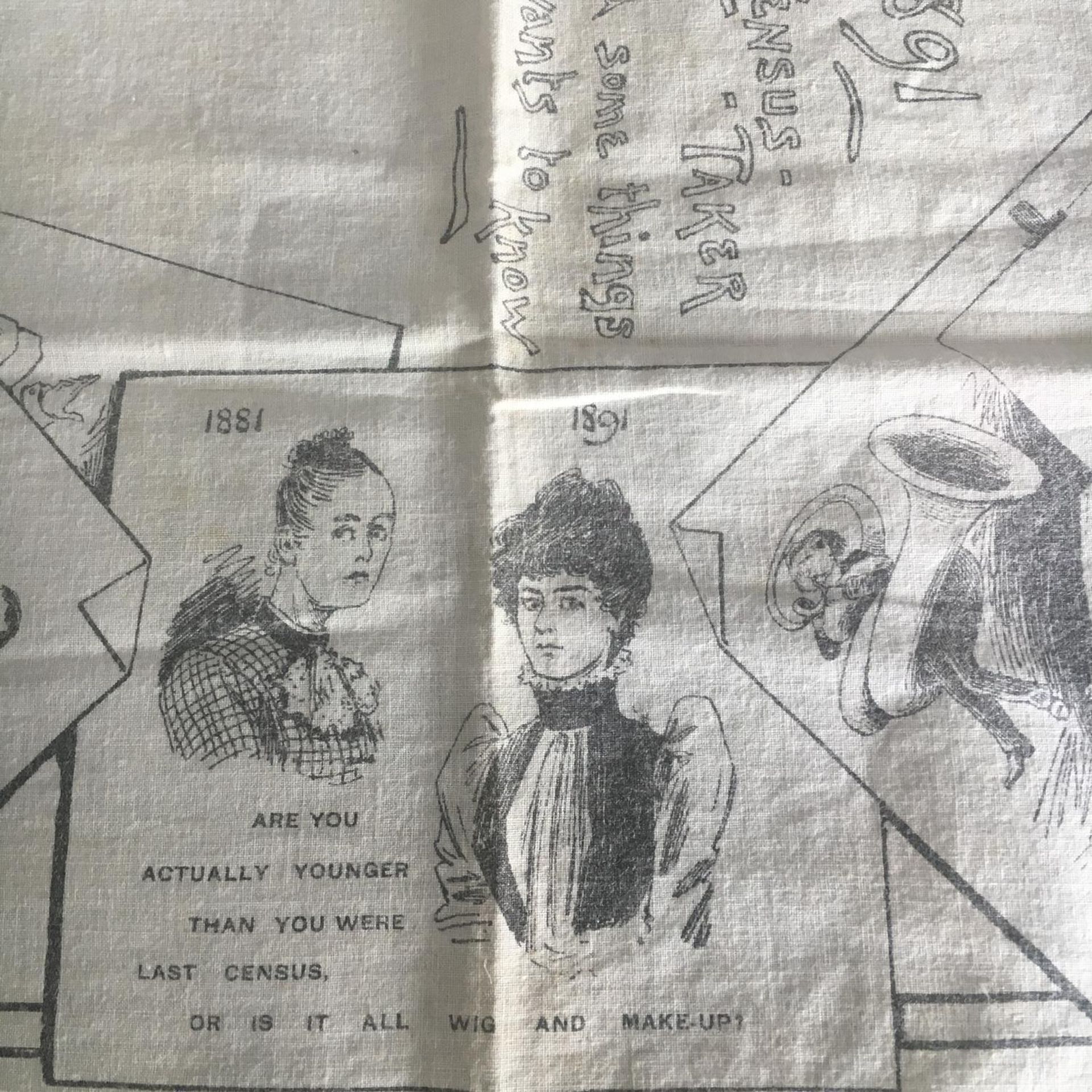 1891 "The Census Taker and Some Things He Wants to Know" printed Large Handkerchief. On cotton and - Image 4 of 7
