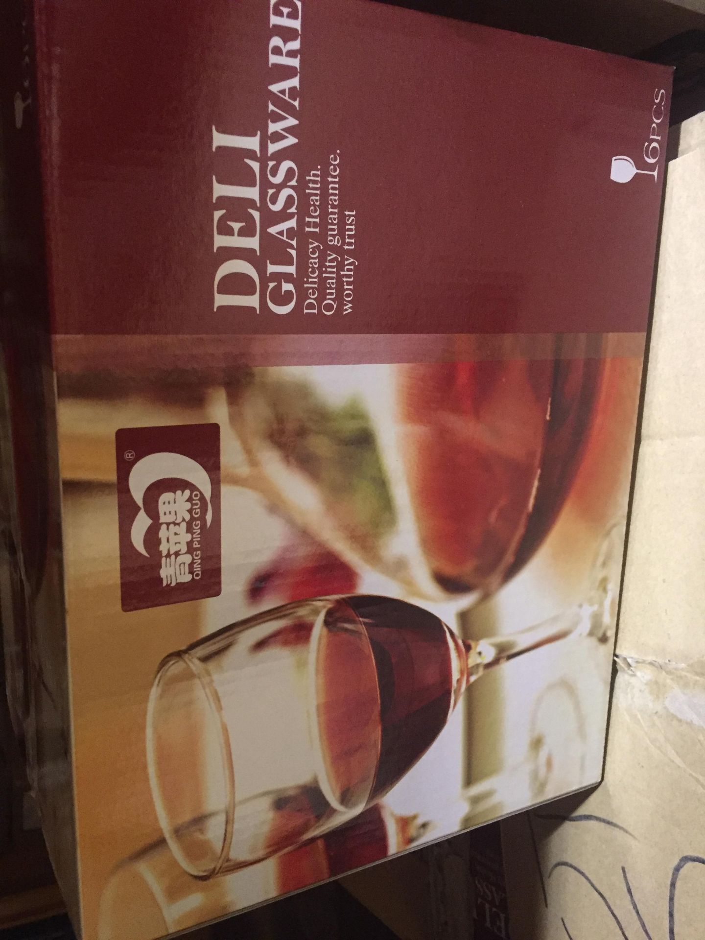 16 x 6 packs of wine glasses, boxed.