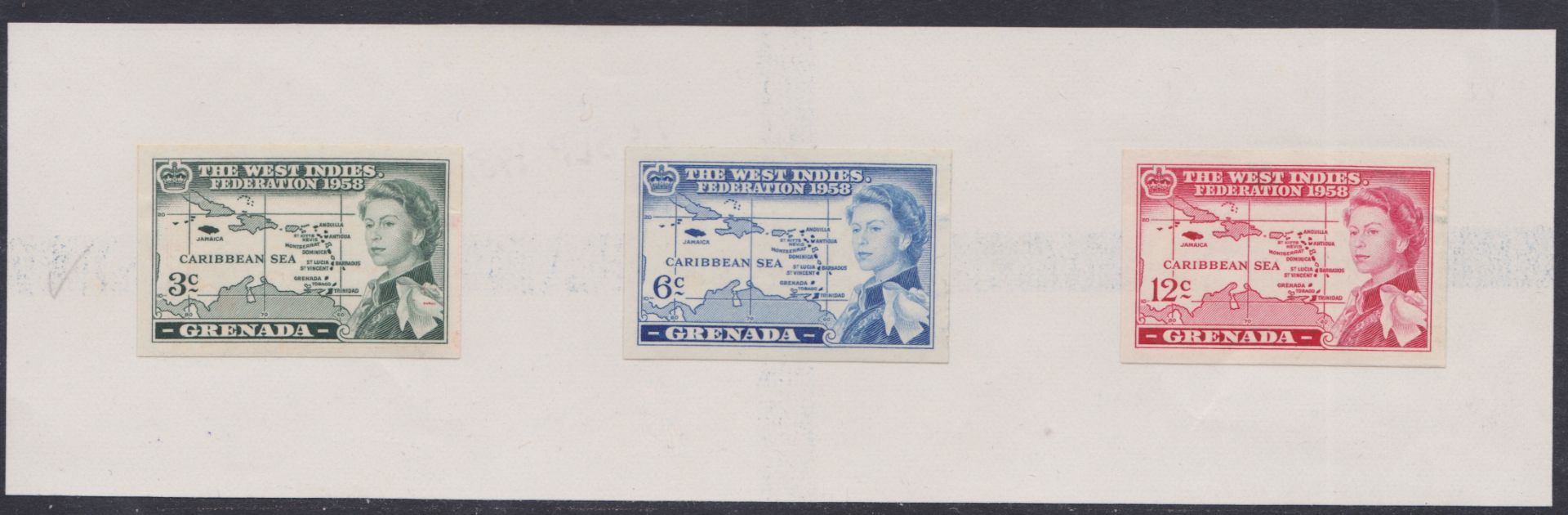 GRENADA 1958 - Inauguration of British Caribbean Federation Imperforate proofs of the set of three