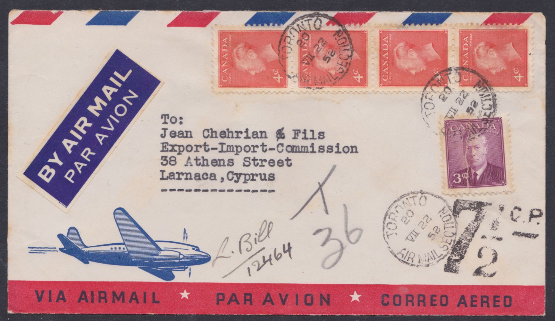 CYPRUS 1952 - Air mail cover from Canada to Larnaca franked 19c, marked "T36" and handstamped with