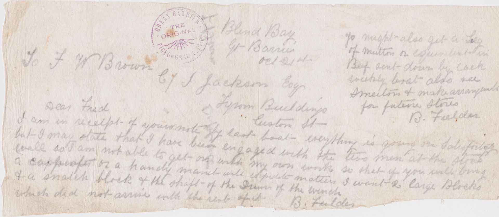 NEW ZEALAND c.1899 - Great Barrier Island Pigeongram stampless flimsy message form from Blind Bay to