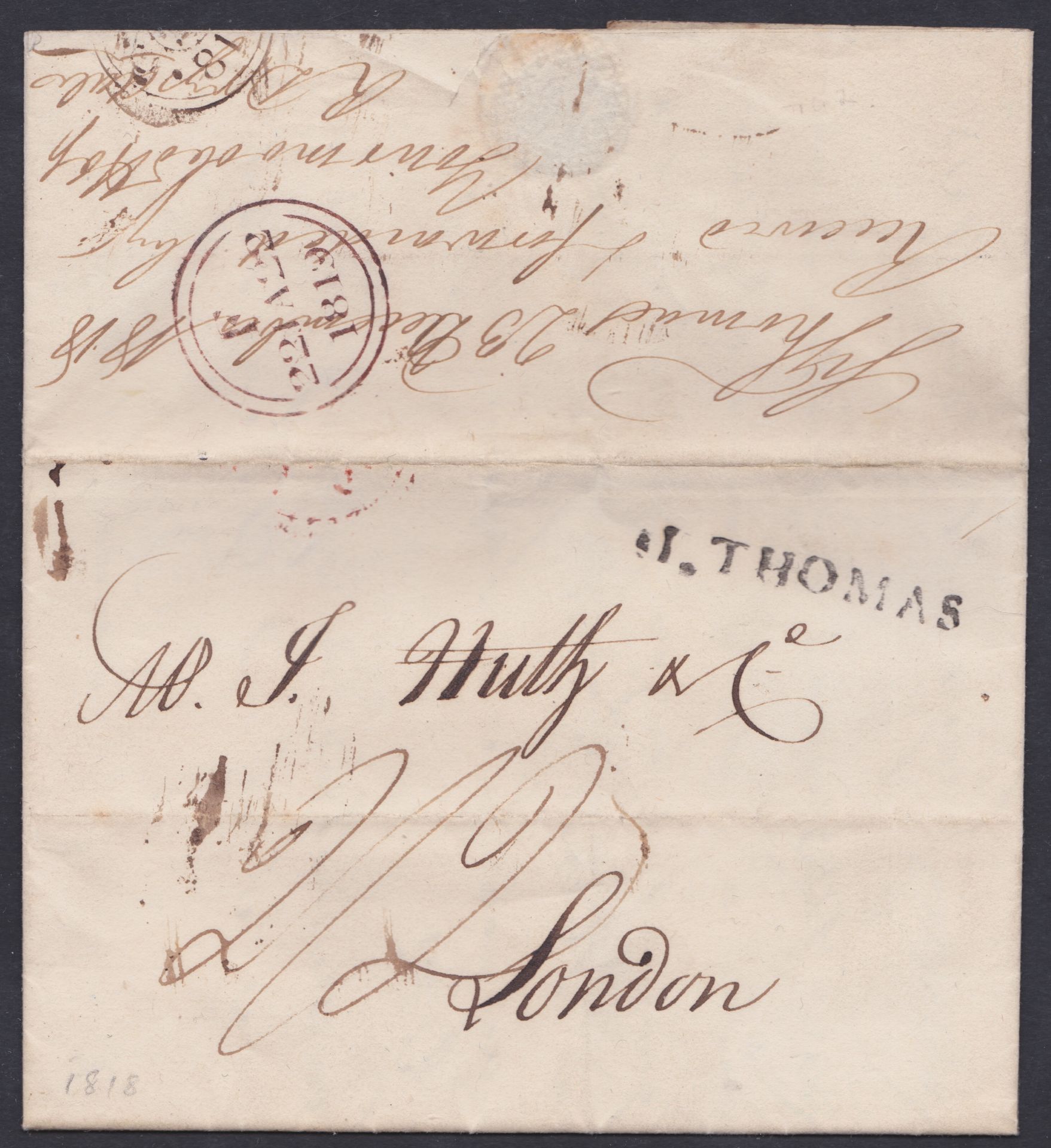 DANISH WEST INDIES 1818 - Entire letter from La Guayra to London sent by forwarding agent to St