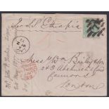 LAGOS 1877 - Cover to London franked 6d green tied by the uncommon "L" in a diamond of horizontal