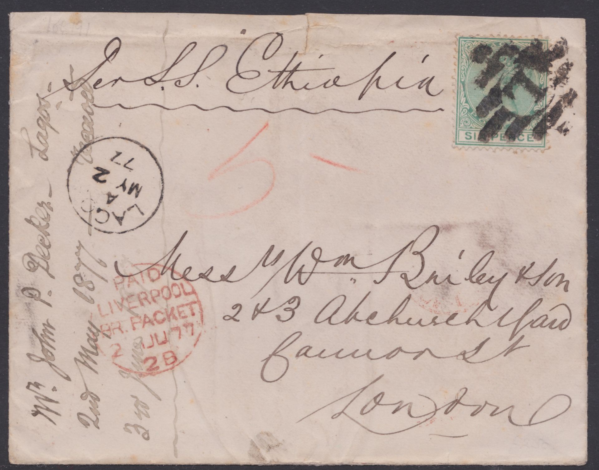 LAGOS 1877 - Cover to London franked 6d green tied by the uncommon "L" in a diamond of horizontal