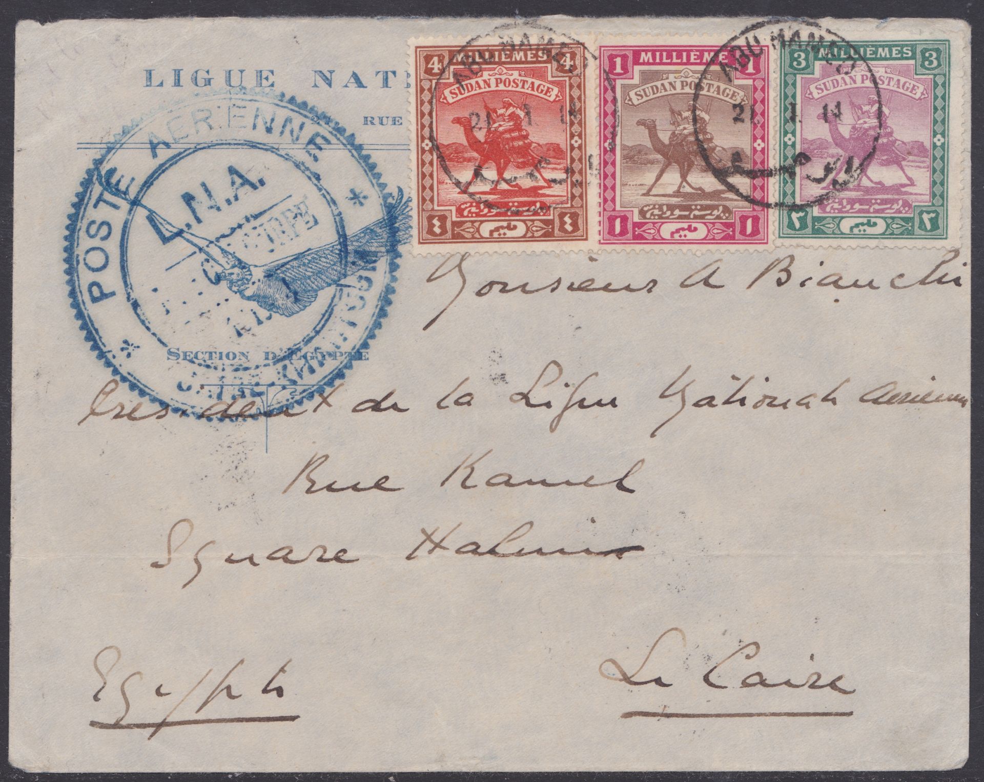 SUDAN / EGYPT - AIR MAILS 1914 (Jan 24) - Ligue Nationale Aerienne cover (light horizontal fold)